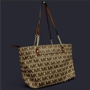 Michael Kors Tan and Brown MK Signature Chain Leather Tote Bag